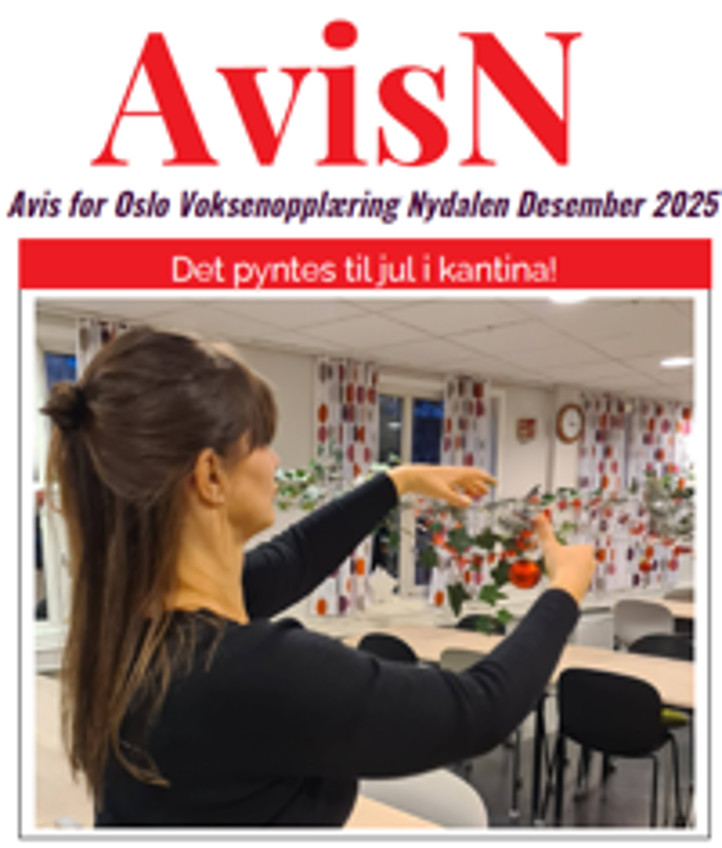 Forsiden av AvisN for desember 2025. En person pynter kantinen med julekuler. 