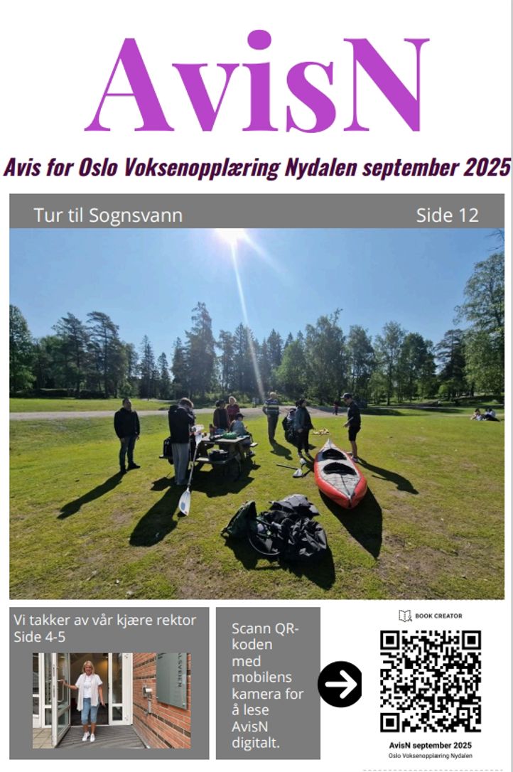 Forsiden til AvisN for september. En gruppe mennesker på tur. De står på grønt gress og det er sol og blå himmel. De har med seg ryggsekker og en kano.